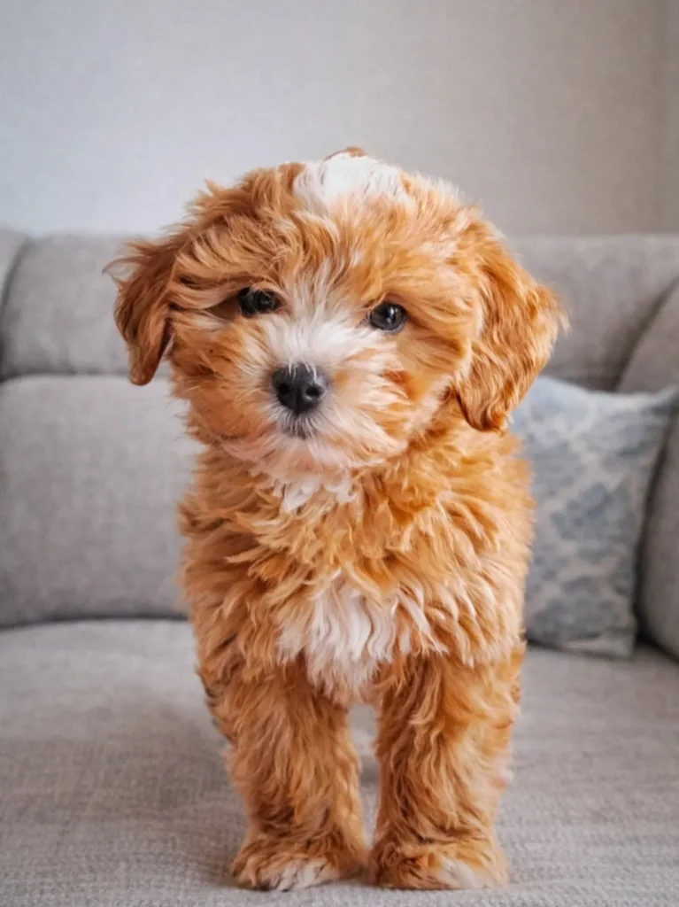 A maltipoo puppy standing on a couch - maltipoo puppy for sale